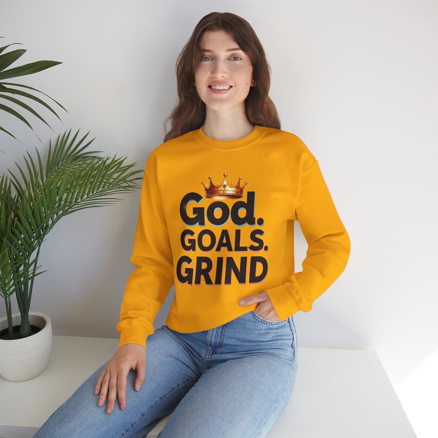 Inspiration-Driven Crewneck Sweatshirt - God Goals Grind, Motivational Apparel, Unisex Fashion, Cozy Gift for Him/Her, Everyday Style