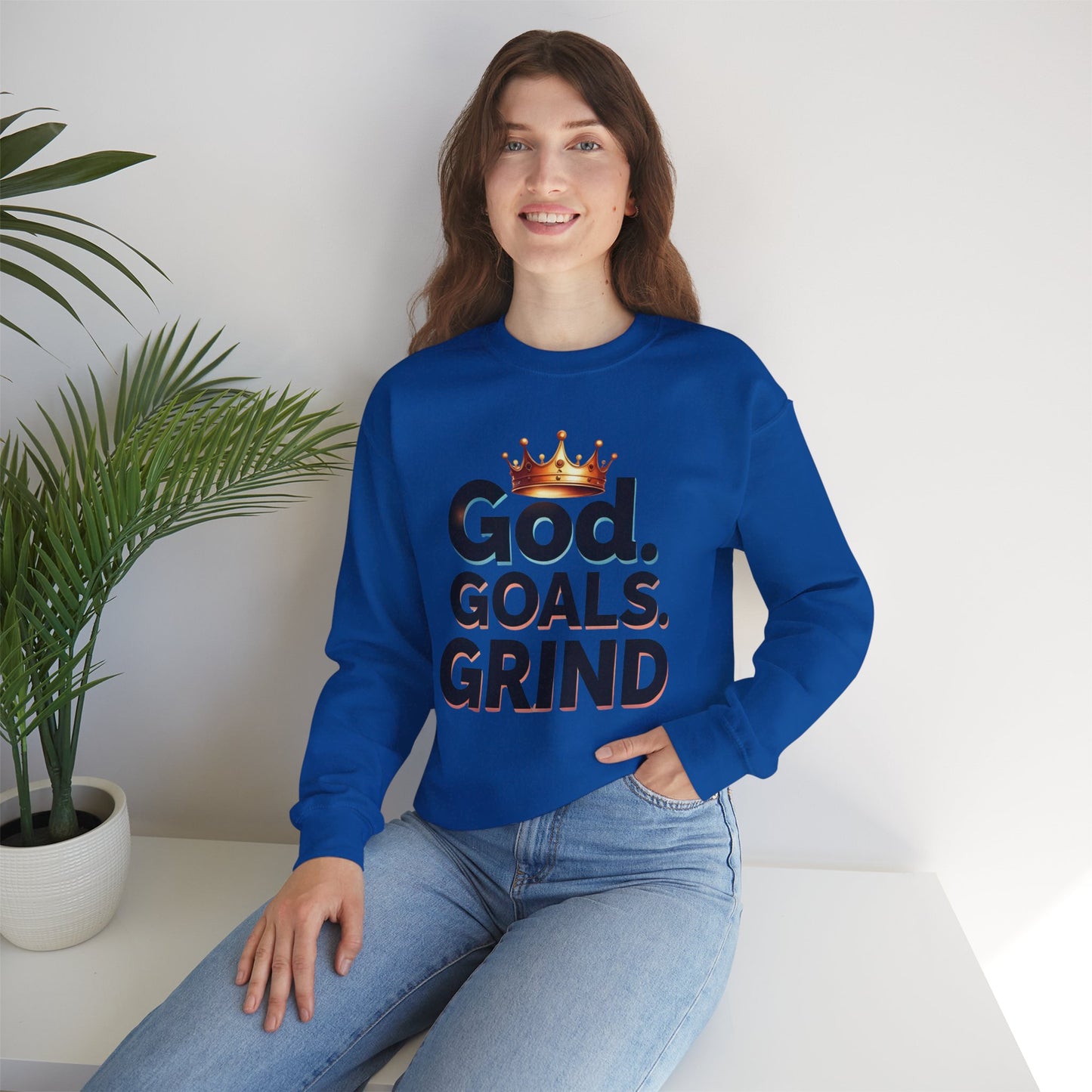 Inspiration-Driven Crewneck Sweatshirt - God Goals Grind, Motivational Apparel, Unisex Fashion, Cozy Gift for Him/Her, Everyday Style