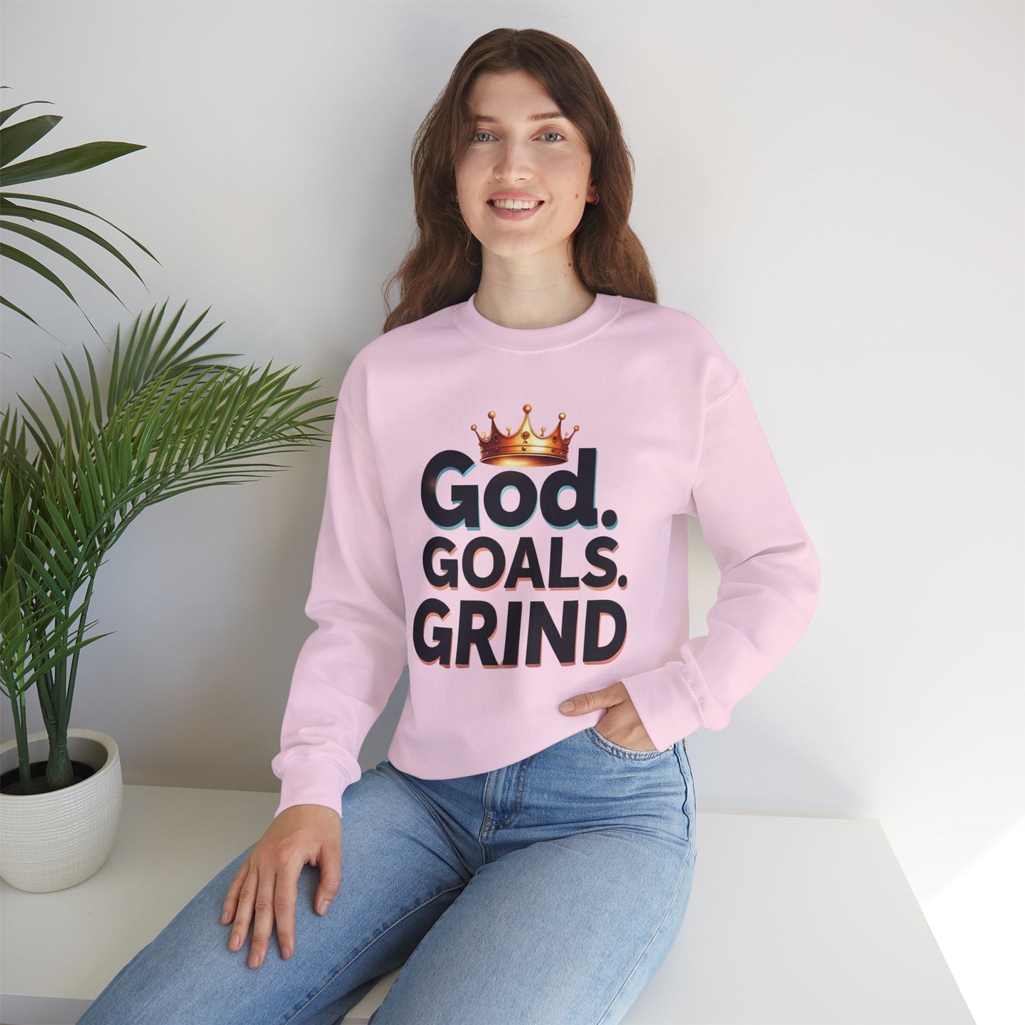 Inspiration-Driven Crewneck Sweatshirt - God Goals Grind, Motivational Apparel, Unisex Fashion, Cozy Gift for Him/Her, Everyday Style