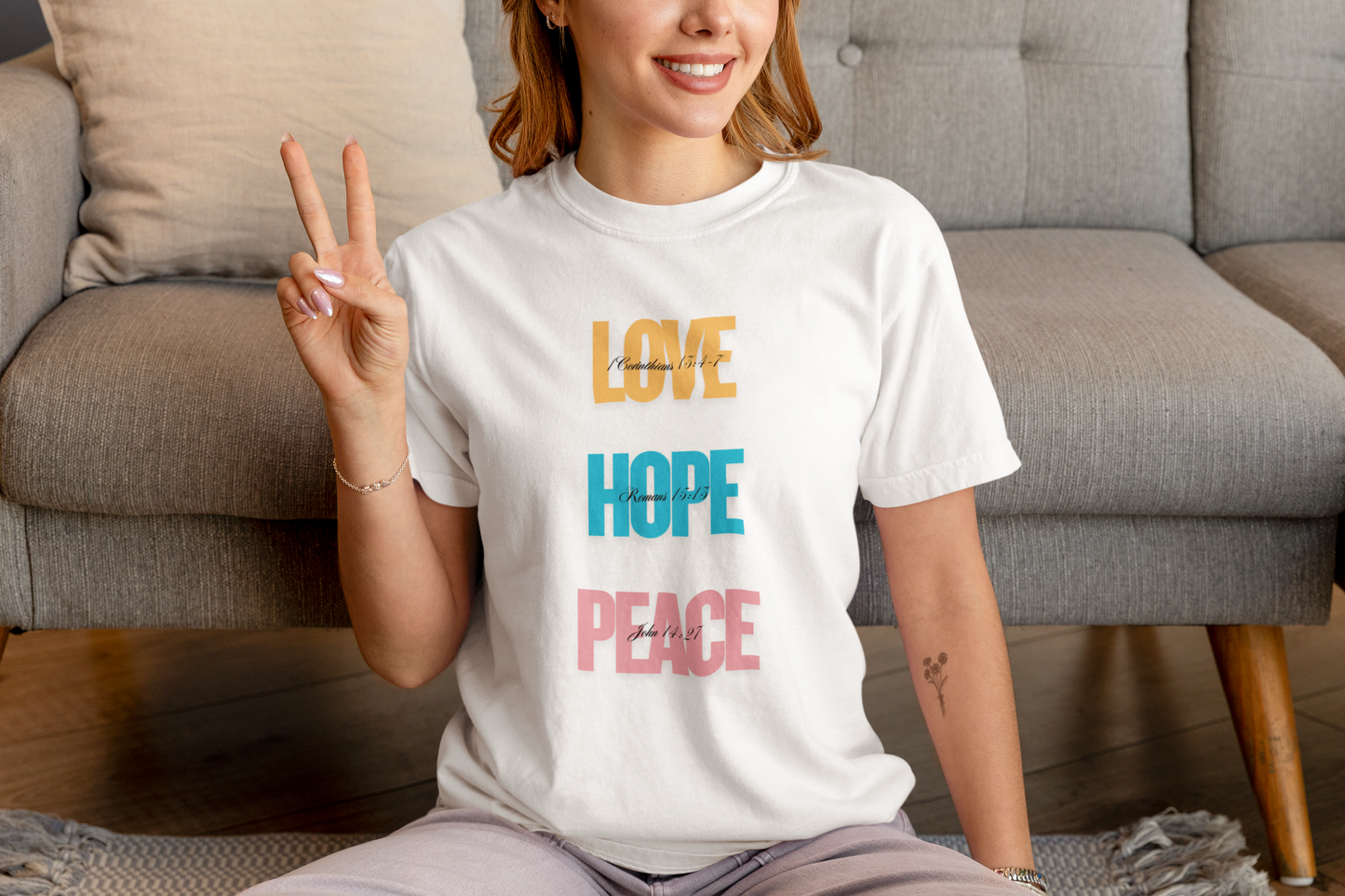 Garment-Dyed T-Shirt with 'Love, Hope, Peace' Design – Unisex Tee for Everyday Comfort, Gifts, Festivals, and Positive Vibes