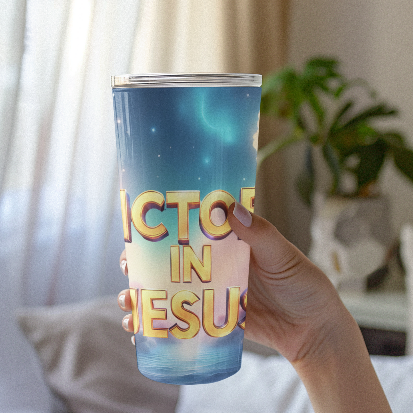 Inspirational Victory in Jesus Tumbler 20oz, Motivational Mug, Doctor Gift, Relaxing Drinkware, Perfect for Celebrations