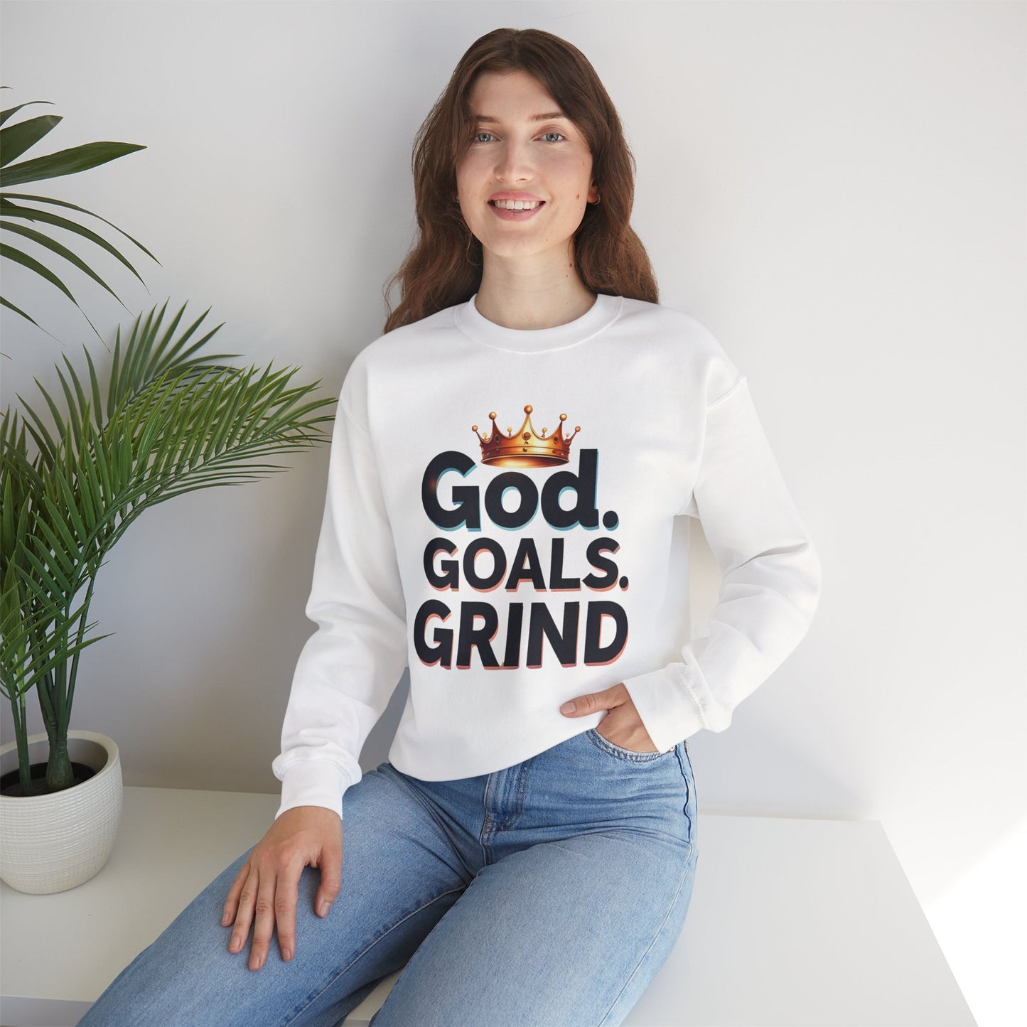 Inspiration-Driven Crewneck Sweatshirt - God Goals Grind, Motivational Apparel, Unisex Fashion, Cozy Gift for Him/Her, Everyday Style