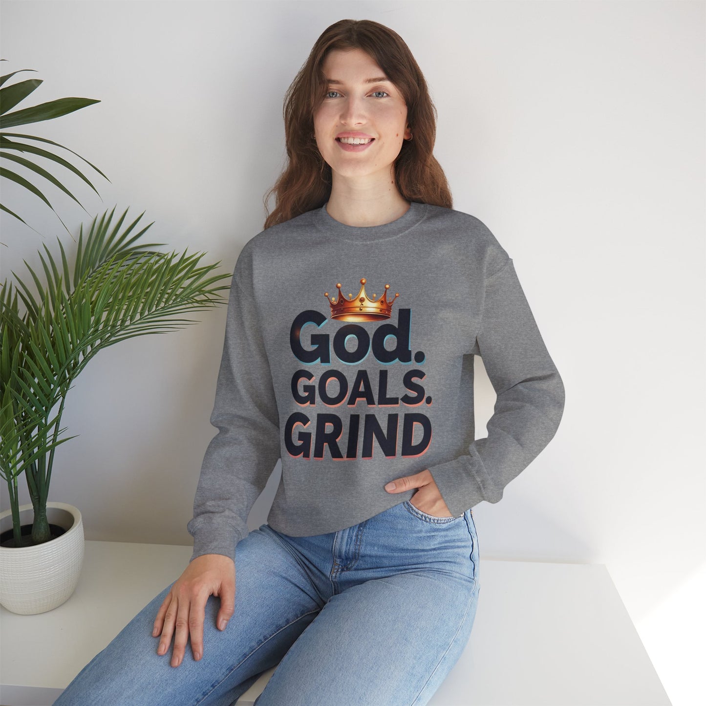 Inspiration-Driven Crewneck Sweatshirt - God Goals Grind, Motivational Apparel, Unisex Fashion, Cozy Gift for Him/Her, Everyday Style