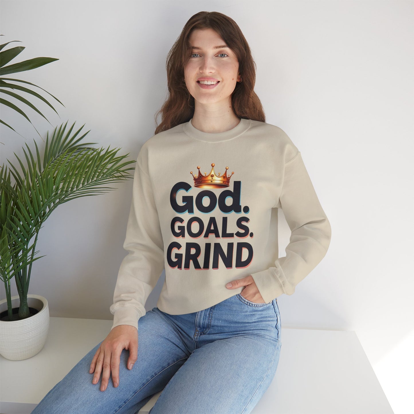Inspiration-Driven Crewneck Sweatshirt - God Goals Grind, Motivational Apparel, Unisex Fashion, Cozy Gift for Him/Her, Everyday Style