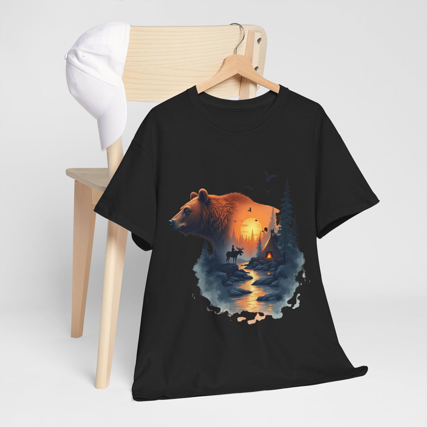 Bear Sunset Wilderness T-Shirt — Scenic Forest Cabin Graphic Tee