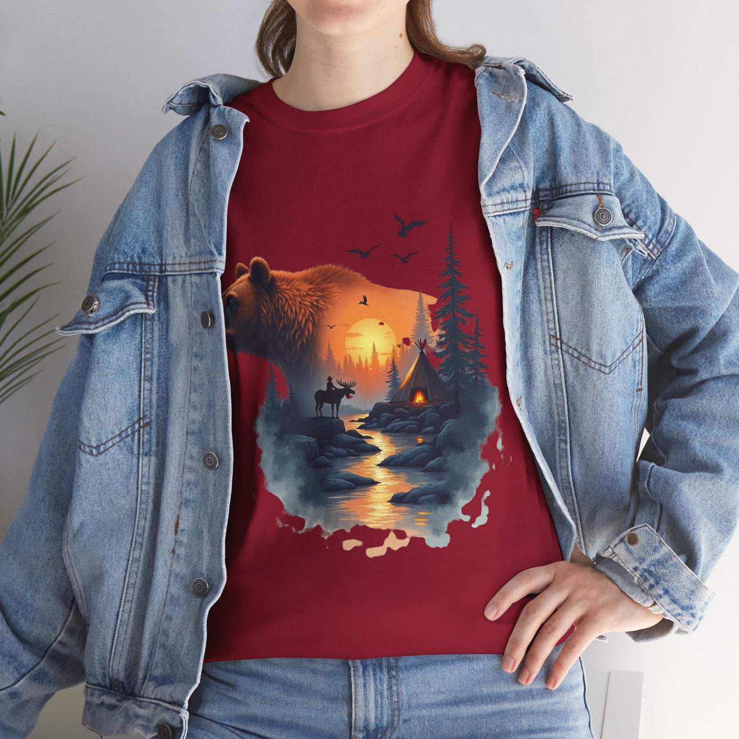 Bear Sunset Wilderness T-Shirt — Scenic Forest Cabin Graphic Tee