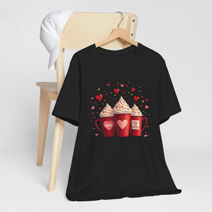 Valentine Hot Cocoa Tee — Cute Red Mugs & Hearts Coffee Shirt