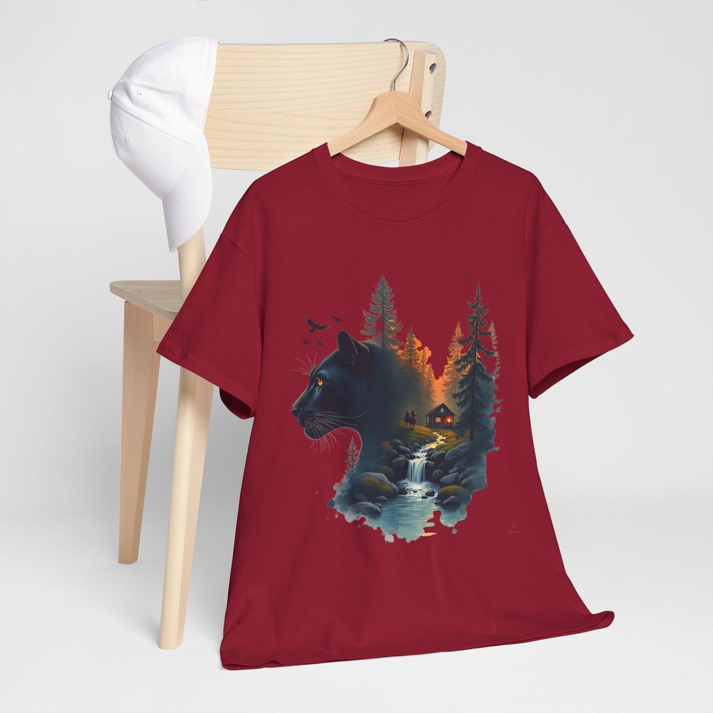 Panther Wilderness Double-Exposure Tee — Mountain Cabin Sunset Graphic Shirt