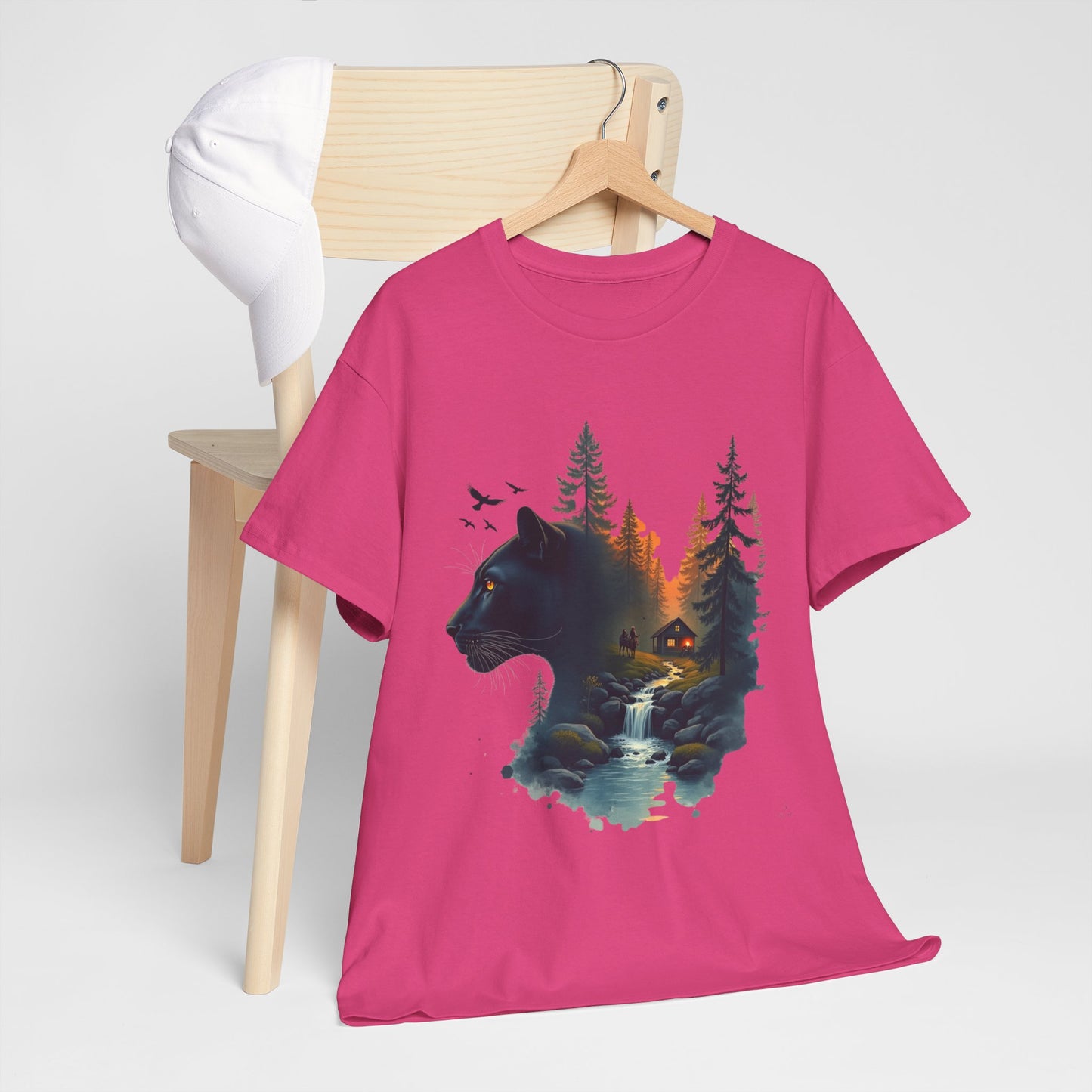 Panther Wilderness Double-Exposure Tee — Mountain Cabin Sunset Graphic Shirt