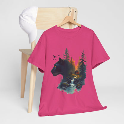 Panther Wilderness Double-Exposure Tee — Mountain Cabin Sunset Graphic Shirt