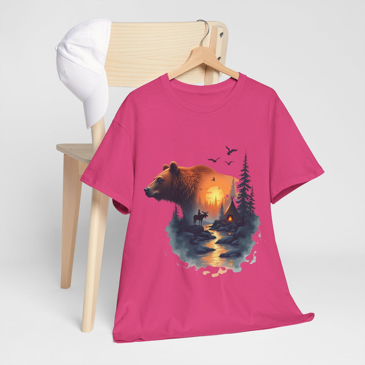 Bear Sunset Wilderness T-Shirt — Scenic Forest Cabin Graphic Tee