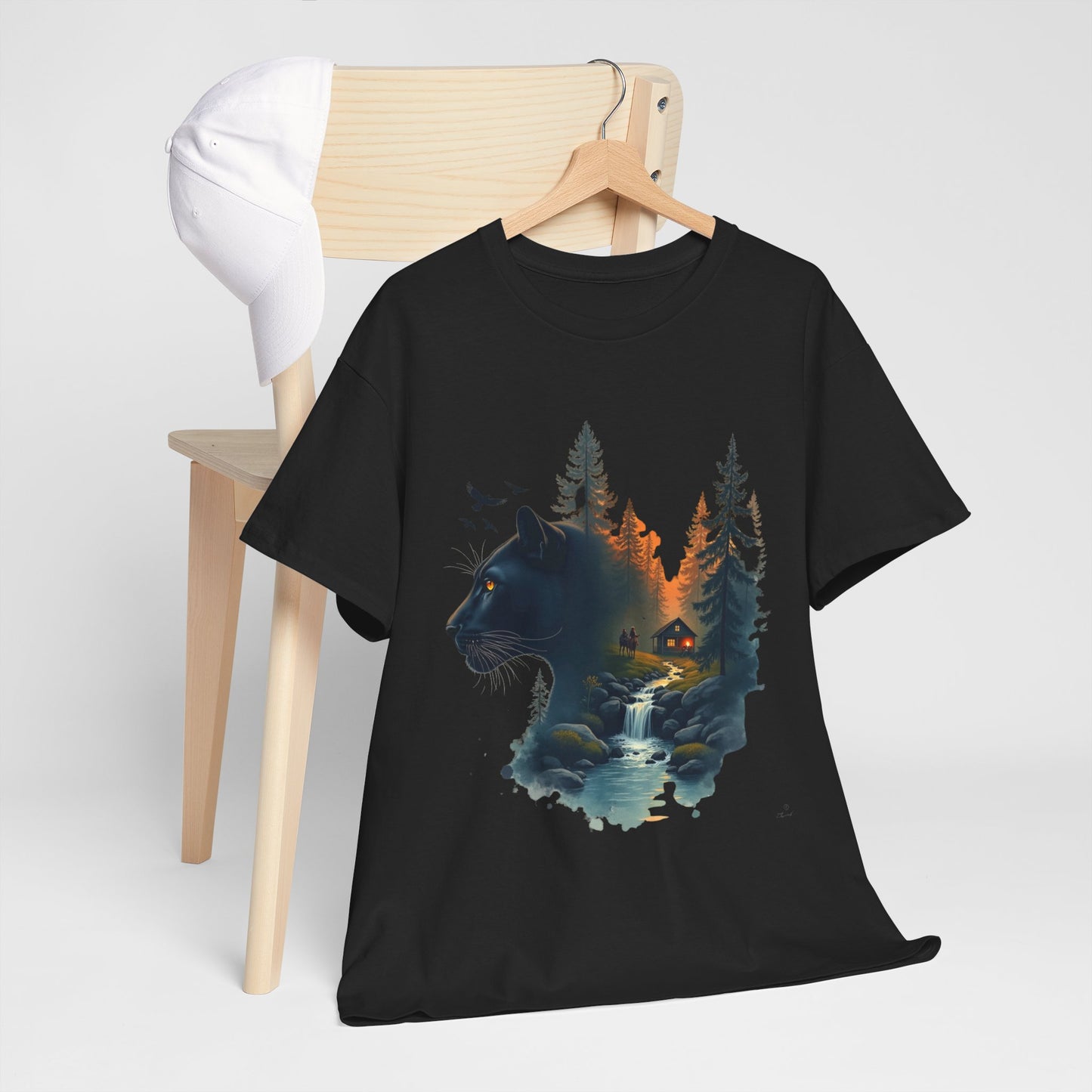 Panther Wilderness Double-Exposure Tee — Mountain Cabin Sunset Graphic Shirt
