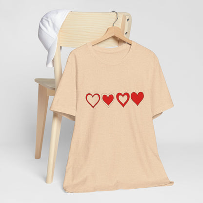 Heart Progression T-Shirt — Minimal Red Hearts Graphic Tee for Valentine’s Day