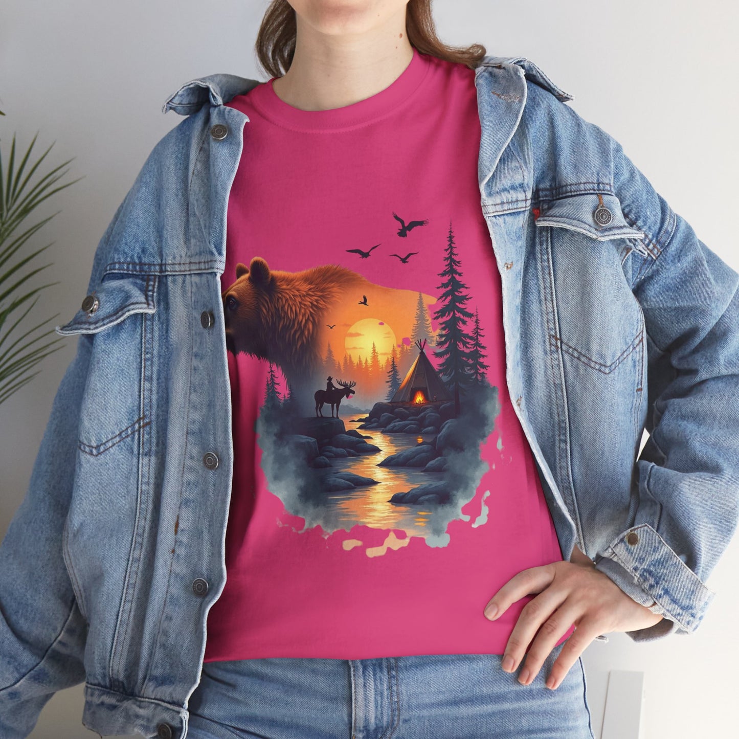 Bear Sunset Wilderness T-Shirt — Scenic Forest Cabin Graphic Tee