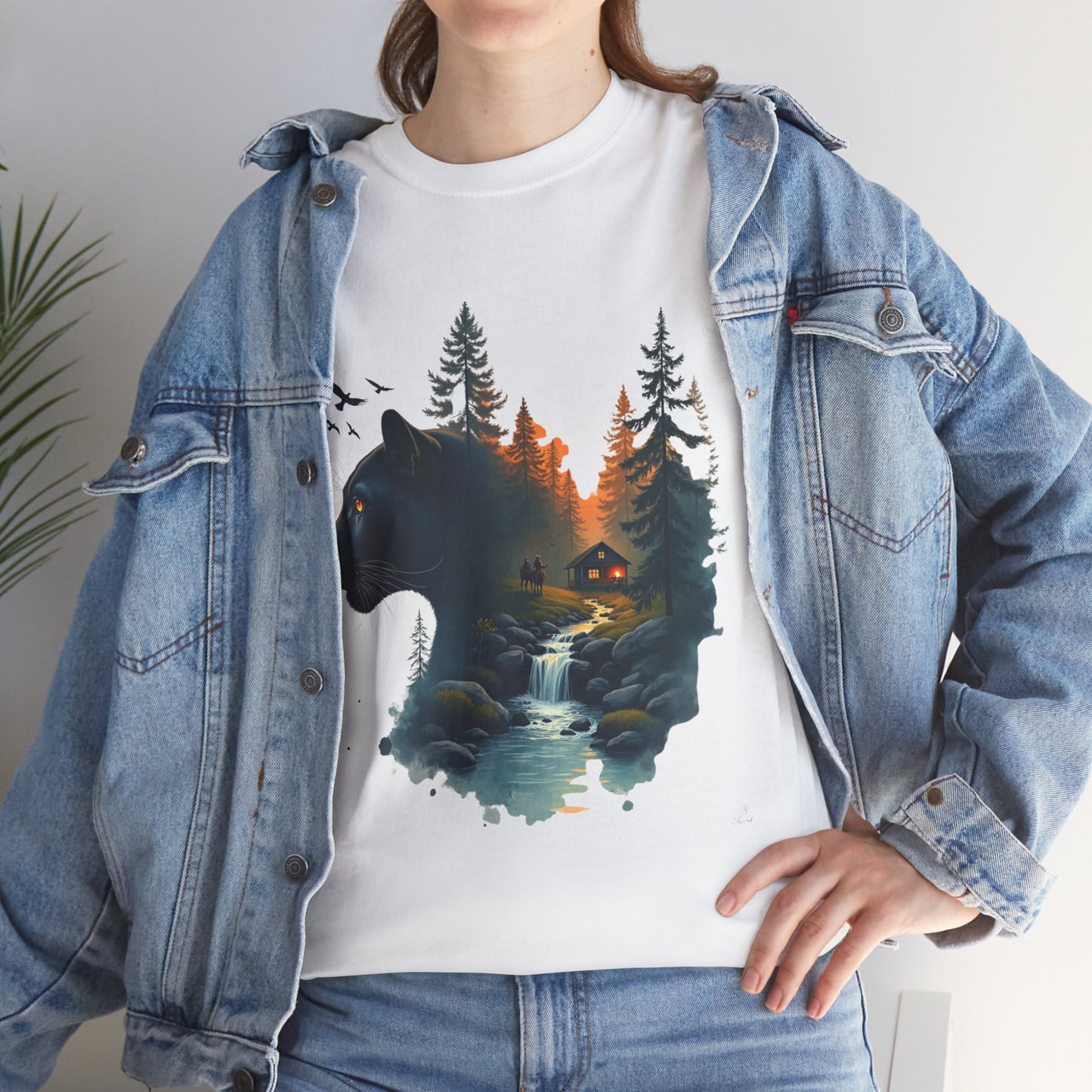 Panther Wilderness Double-Exposure Tee — Mountain Cabin Sunset Graphic Shirt