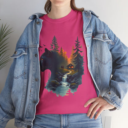 Panther Wilderness Double-Exposure Tee — Mountain Cabin Sunset Graphic Shirt