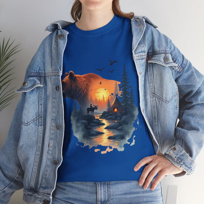 Bear Sunset Wilderness T-Shirt — Scenic Forest Cabin Graphic Tee
