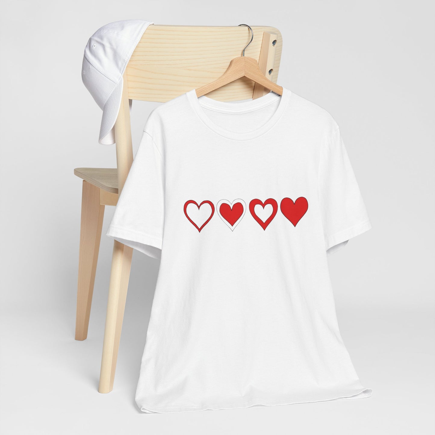 Heart Progression T-Shirt — Minimal Red Hearts Graphic Tee for Valentine’s Day