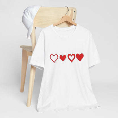 Heart Progression T-Shirt — Minimal Red Hearts Graphic Tee for Valentine’s Day