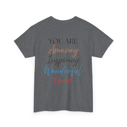 Inspirational Script Tee — "You Are Amazing, Inspiring, Wonderful, Loved" Chest Logo T‑Shirt