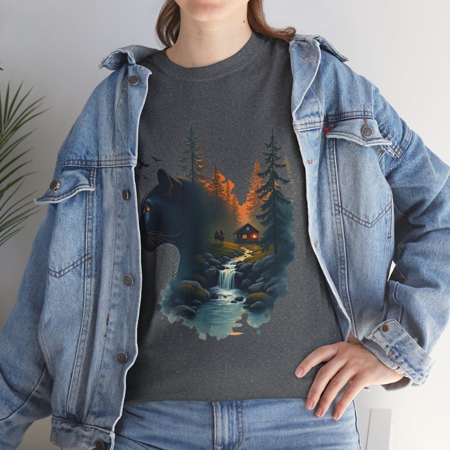 Panther Wilderness Double-Exposure Tee — Mountain Cabin Sunset Graphic Shirt