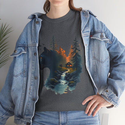 Panther Wilderness Double-Exposure Tee — Mountain Cabin Sunset Graphic Shirt