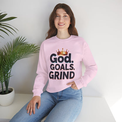 Inspiration-Driven Crewneck Sweatshirt - God Goals Grind, Motivational Apparel, Unisex Fashion, Cozy Gift for Him/Her, Everyday Style
