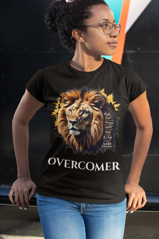 Inspirational Lion Graphic Tee, Faith-Based Shirt, Motivational Unisex Top, Perfect Gift for Lion Lovers, Overcomer Phrase Tee