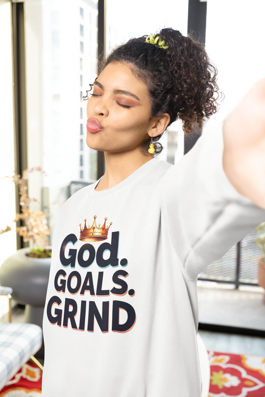 Inspiration-Driven Crewneck Sweatshirt - God Goals Grind, Motivational Apparel, Unisex Fashion, Cozy Gift for Him/Her, Everyday Style
