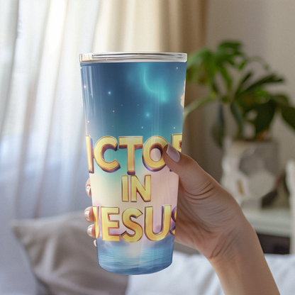 Inspirational Victory in Jesus Tumbler 20oz, Motivational Mug, Doctor Gift, Relaxing Drinkware, Perfect for Celebrations