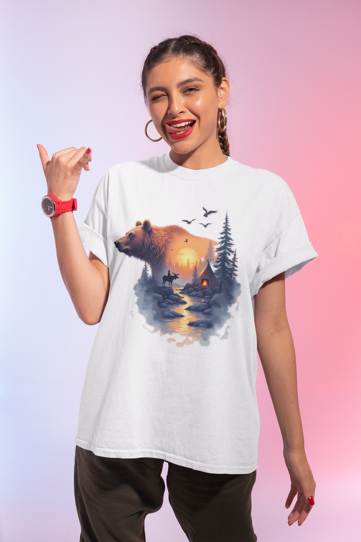 Bear Sunset Wilderness T-Shirt — Scenic Forest Cabin Graphic Tee