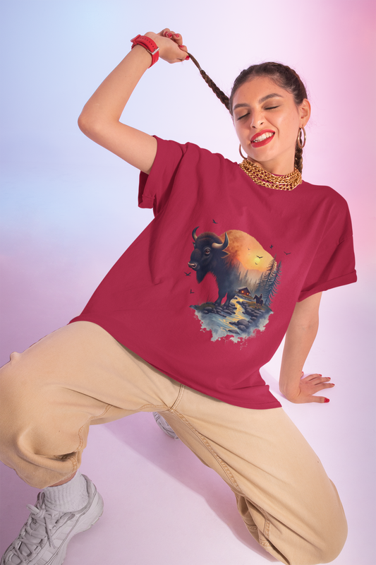 Bison Sunrise Graphic Tee — Nature Landscape Buffalo T-Shirt