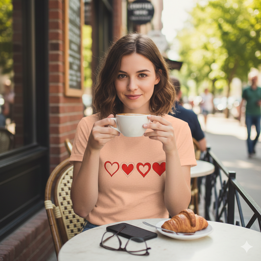 Heart Progression T-Shirt — Minimal Red Hearts Graphic Tee for Valentine’s Day