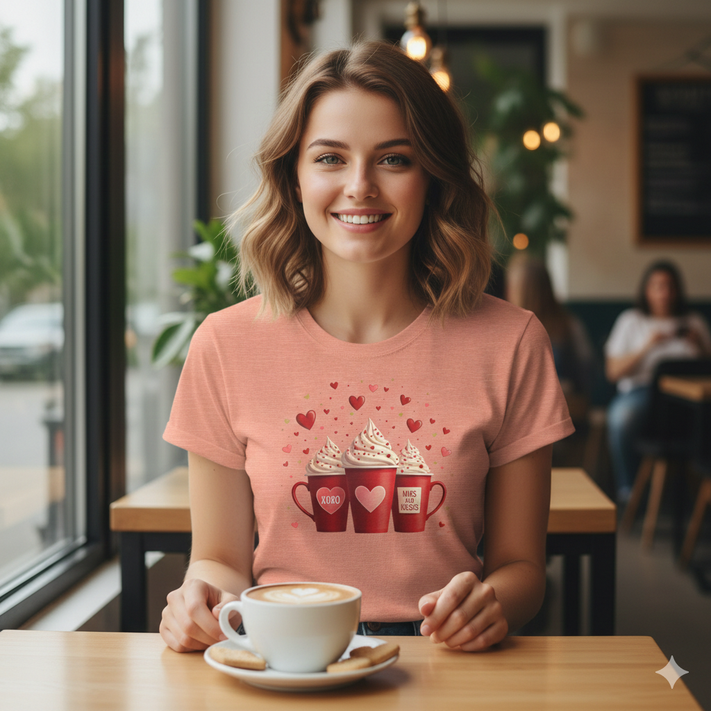 Valentine Hot Cocoa Tee — Cute Red Mugs & Hearts Coffee Shirt