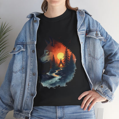 Wolf Sunset T-Shirt — Forest Silhouette Nature Graphic Tee