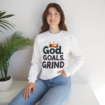 Inspiration-Driven Crewneck Sweatshirt - God Goals Grind, Motivational Apparel, Unisex Fashion, Cozy Gift for Him/Her, Everyday Style