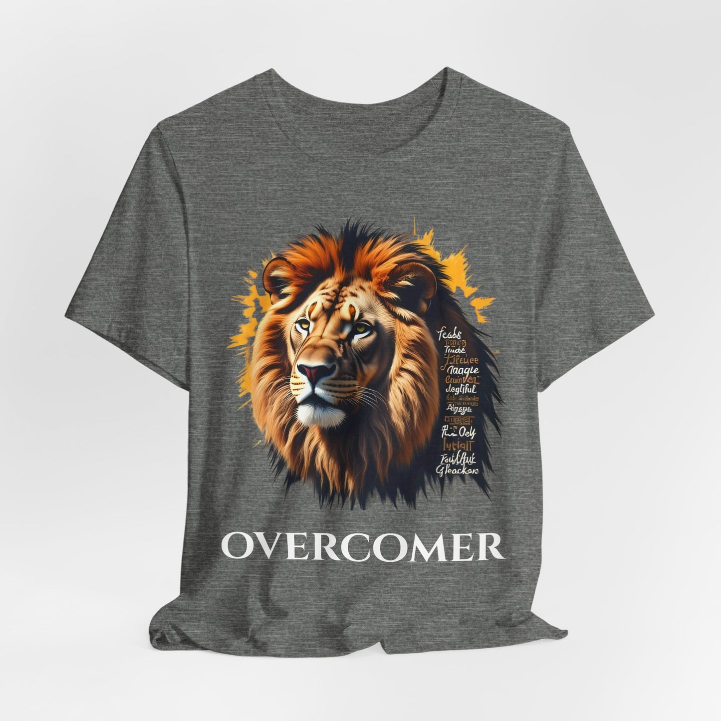 Inspirational Lion Graphic Tee, Faith-Based Shirt, Motivational Unisex Top, Perfect Gift for Lion Lovers, Overcomer Phrase Tee