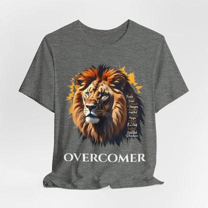 Inspirational Lion Graphic Tee, Faith-Based Shirt, Motivational Unisex Top, Perfect Gift for Lion Lovers, Overcomer Phrase Tee