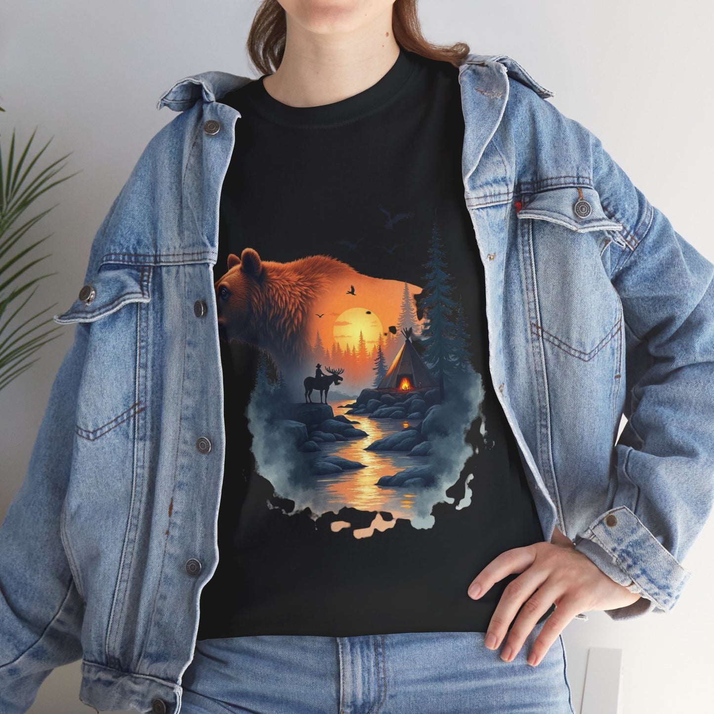 Bear Sunset Wilderness T-Shirt — Scenic Forest Cabin Graphic Tee