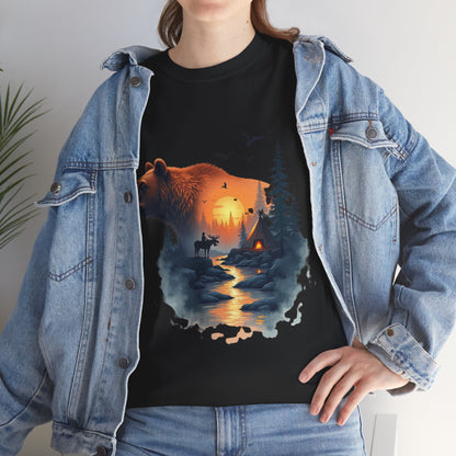 Bear Sunset Wilderness T-Shirt — Scenic Forest Cabin Graphic Tee