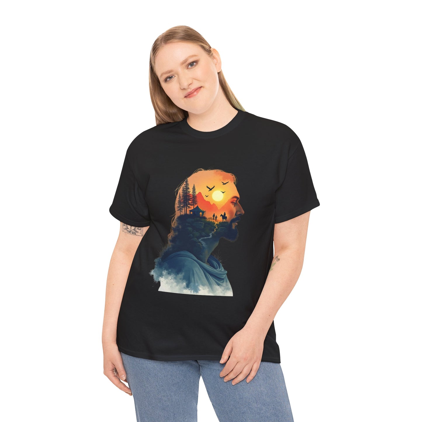 Jesus Sunset Silhouette Tee — Sunset Forest Profile Graphic Shirt