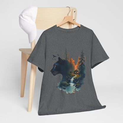 Panther Wilderness Double-Exposure Tee — Mountain Cabin Sunset Graphic Shirt