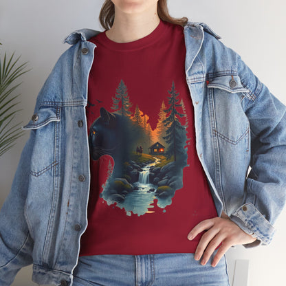 Panther Wilderness Double-Exposure Tee — Mountain Cabin Sunset Graphic Shirt
