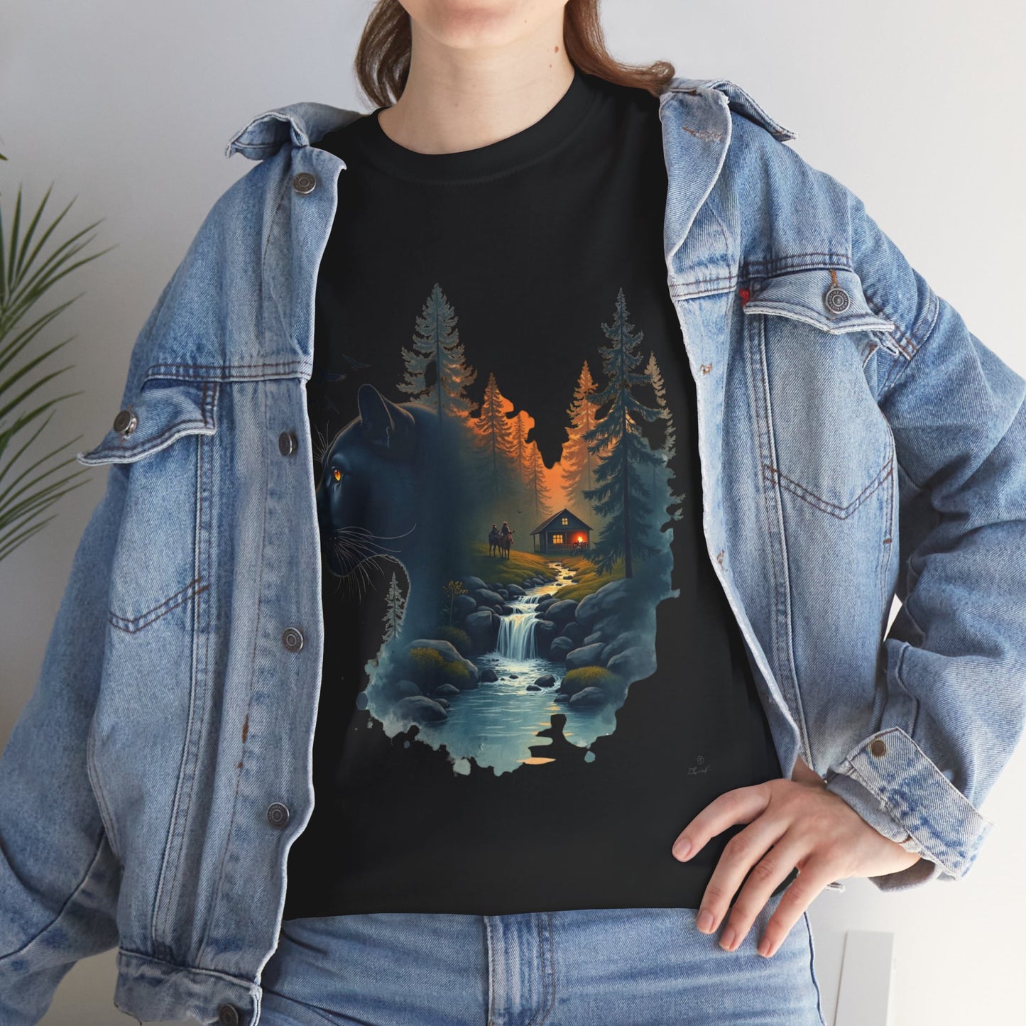 Panther Wilderness Double-Exposure Tee — Mountain Cabin Sunset Graphic Shirt