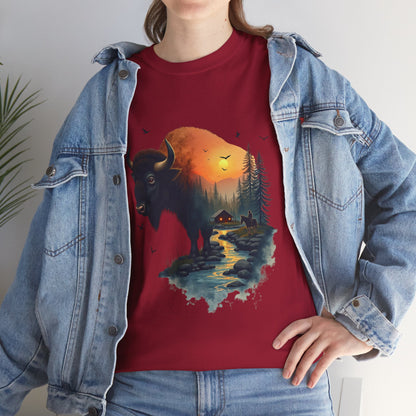 Bison Sunrise Graphic Tee — Nature Landscape Buffalo T-Shirt
