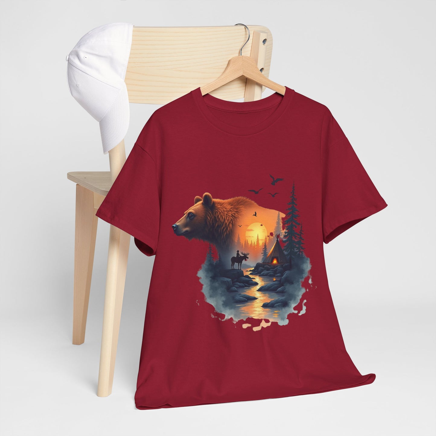 Bear Sunset Wilderness T-Shirt — Scenic Forest Cabin Graphic Tee