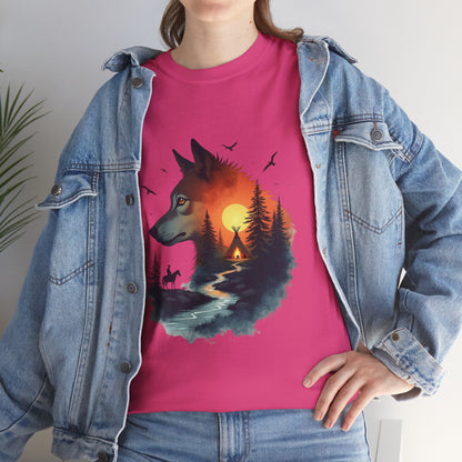 Wolf Sunset T-Shirt — Forest Silhouette Nature Graphic Tee
