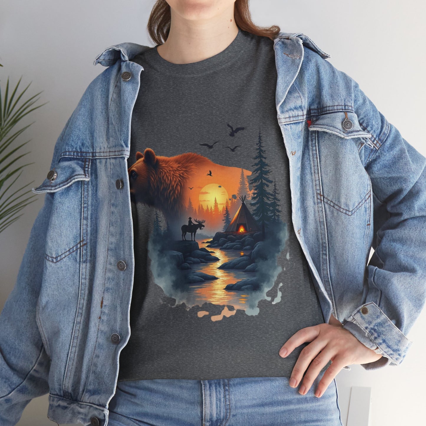 Bear Sunset Wilderness T-Shirt — Scenic Forest Cabin Graphic Tee