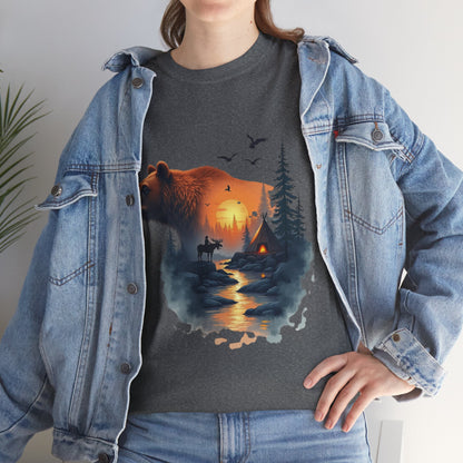 Bear Sunset Wilderness T-Shirt — Scenic Forest Cabin Graphic Tee