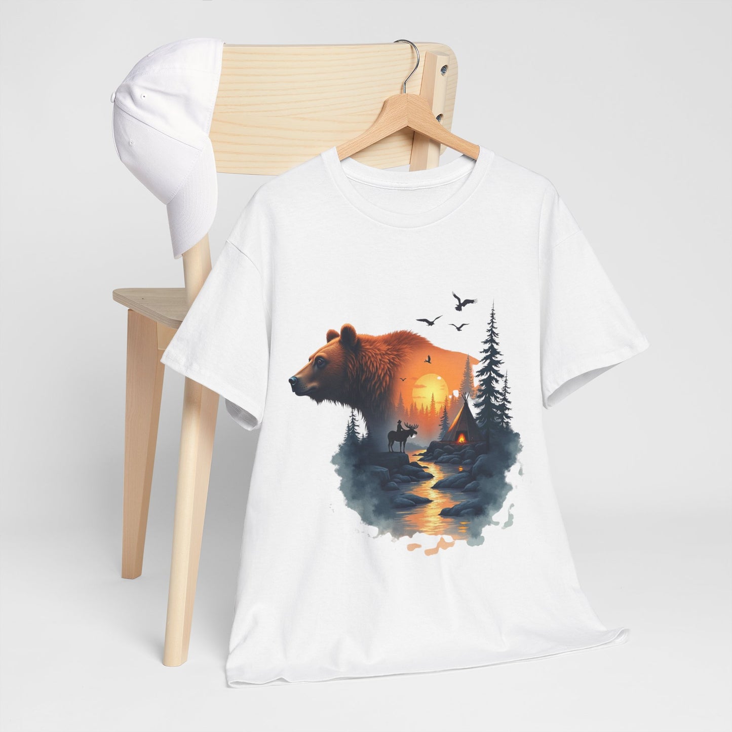 Bear Sunset Wilderness T-Shirt — Scenic Forest Cabin Graphic Tee